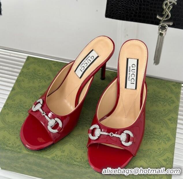 Popular Style Gucci Horsebit 1955 High Heel Slide Sandals 9.5cm in Patent Leather Dark Red 218005