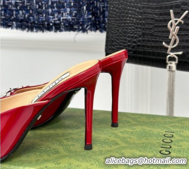 Popular Style Gucci Horsebit 1955 High Heel Slide Sandals 9.5cm in Patent Leather Dark Red 218005