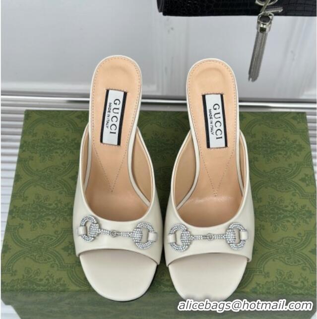 Good Quality Gucci Horsebit 1955 High Heel Slide Sandals 9.5cm in Calf Leather White 218006