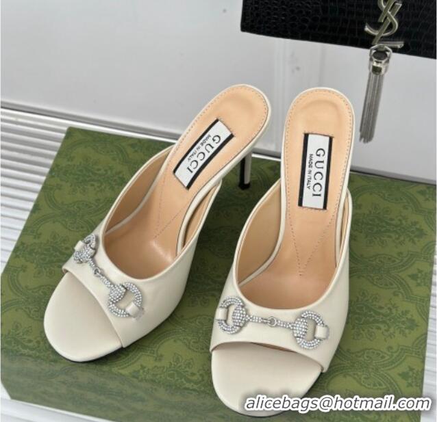 Good Quality Gucci Horsebit 1955 High Heel Slide Sandals 9.5cm in Calf Leather White 218006