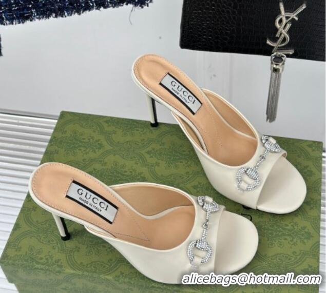 Good Quality Gucci Horsebit 1955 High Heel Slide Sandals 9.5cm in Calf Leather White 218006