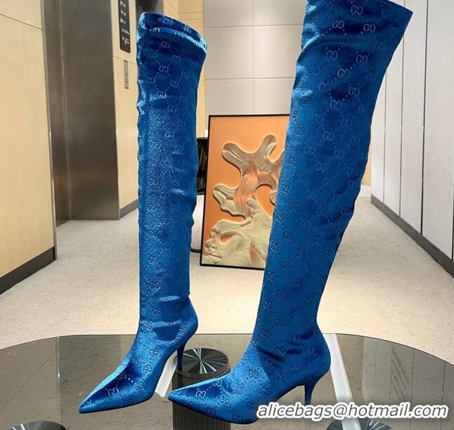 Top Grade Gucci Heel High Boots 8cm in GG Stretch Fabric Blue 218009