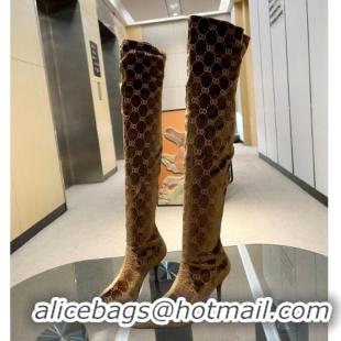 Durable Gucci Heel High Boots 8cm in GG Stretch Fabric Gold 218011