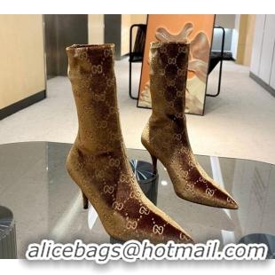 Charming Gucci Heel Ankle Boots 8cm in GG Stretch Fabric Gold 218014