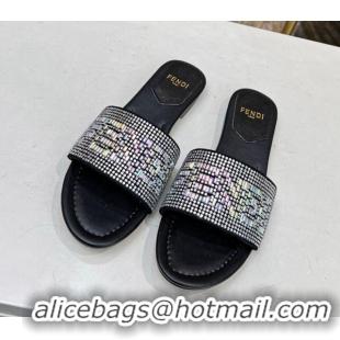 Pretty Style Fendi Signature Flat Slide Sandals with Crystals Black 215071