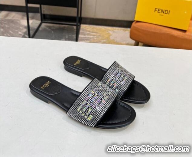 Pretty Style Fendi Signature Flat Slide Sandals with Crystals Black 215071