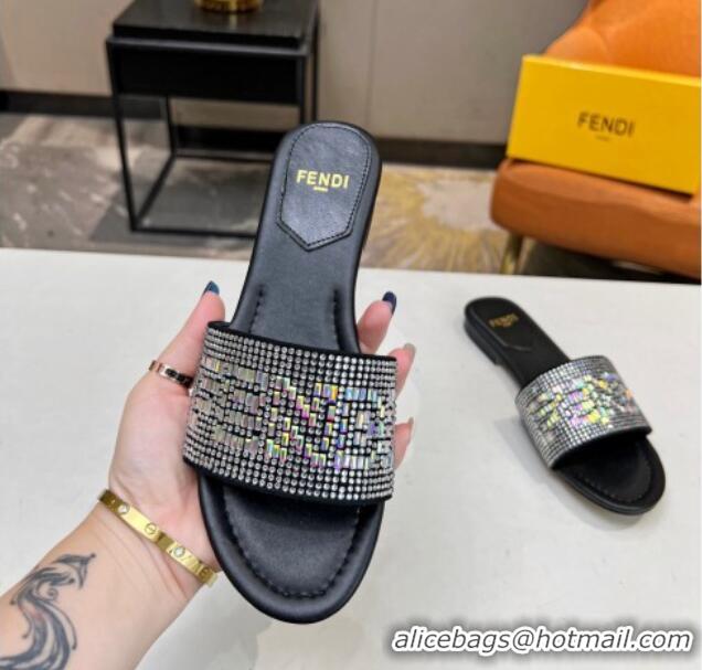 Pretty Style Fendi Signature Flat Slide Sandals with Crystals Black 215071