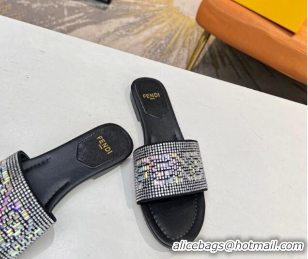 Pretty Style Fendi Signature Flat Slide Sandals with Crystals Black 215071