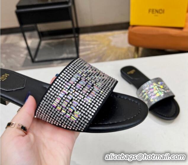 Pretty Style Fendi Signature Flat Slide Sandals with Crystals Black 215071