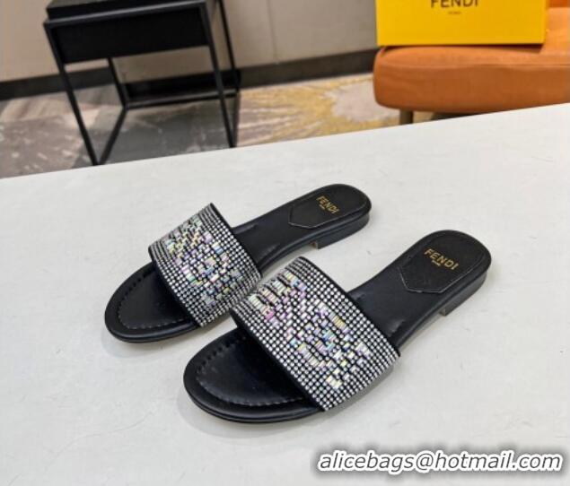 Pretty Style Fendi Signature Flat Slide Sandals with Crystals Black 215071