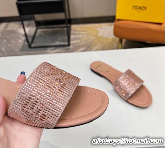 Good Looking Fendi Signature Flat Slide Sandals with Crystals Nude 215072