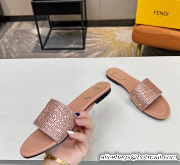 Good Looking Fendi Signature Flat Slide Sandals with Crystals Nude 215072