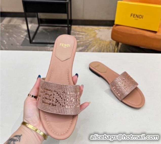 Good Looking Fendi Signature Flat Slide Sandals with Crystals Nude 215072