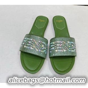 Best Product Fendi Signature Flat Slide Sandals with Crystals Green 215073