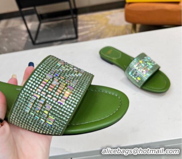 Best Product Fendi Signature Flat Slide Sandals with Crystals Green 215073