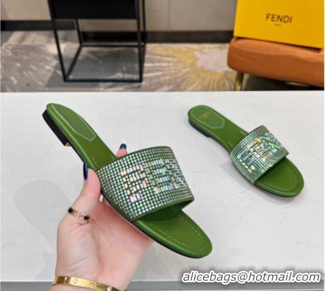 Best Product Fendi Signature Flat Slide Sandals with Crystals Green 215073