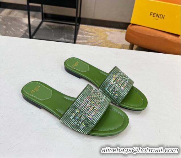 Best Product Fendi Signature Flat Slide Sandals with Crystals Green 215073