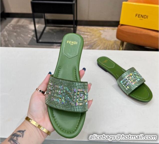 Best Product Fendi Signature Flat Slide Sandals with Crystals Green 215073