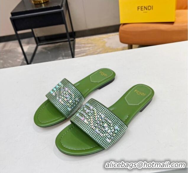 Best Product Fendi Signature Flat Slide Sandals with Crystals Green 215073