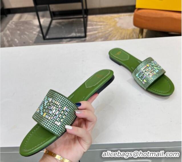 Best Product Fendi Signature Flat Slide Sandals with Crystals Green 215073