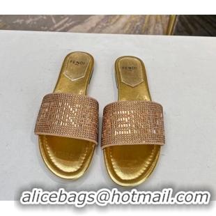 Low Price Fendi Signature Flat Slide Sandals with Crystals Gold 215074