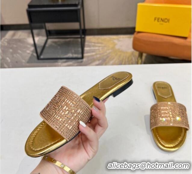 Low Price Fendi Signature Flat Slide Sandals with Crystals Gold 215074