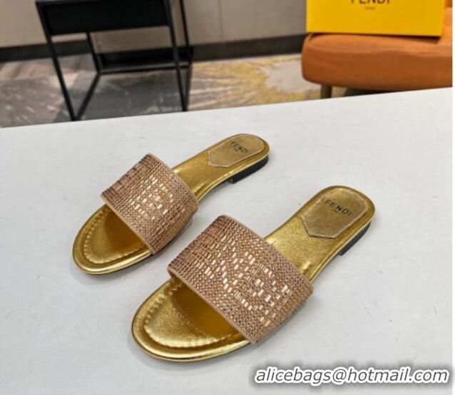 Low Price Fendi Signature Flat Slide Sandals with Crystals Gold 215074