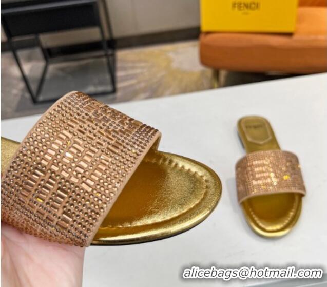 Low Price Fendi Signature Flat Slide Sandals with Crystals Gold 215074