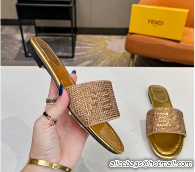 Low Price Fendi Signature Flat Slide Sandals with Crystals Gold 215074