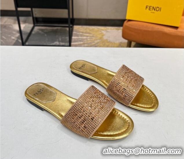 Low Price Fendi Signature Flat Slide Sandals with Crystals Gold 215074