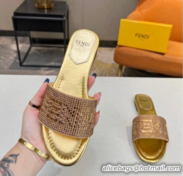 Low Price Fendi Signature Flat Slide Sandals with Crystals Gold 215074