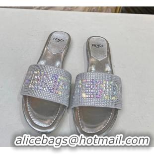 Durable Fendi Signature Flat Slide Sandals with Crystals Silver 215075