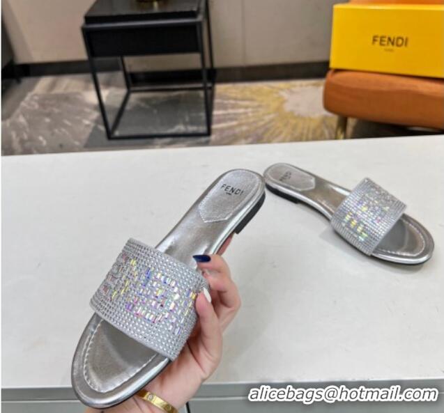 Durable Fendi Signature Flat Slide Sandals with Crystals Silver 215075