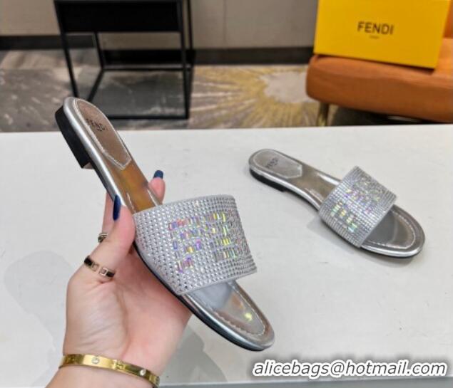 Durable Fendi Signature Flat Slide Sandals with Crystals Silver 215075