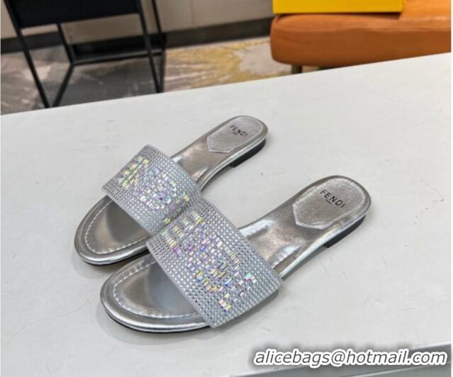 Durable Fendi Signature Flat Slide Sandals with Crystals Silver 215075