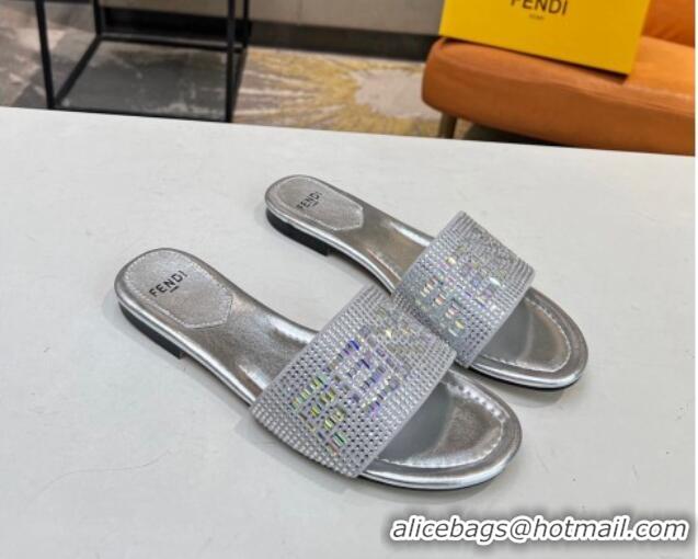 Durable Fendi Signature Flat Slide Sandals with Crystals Silver 215075