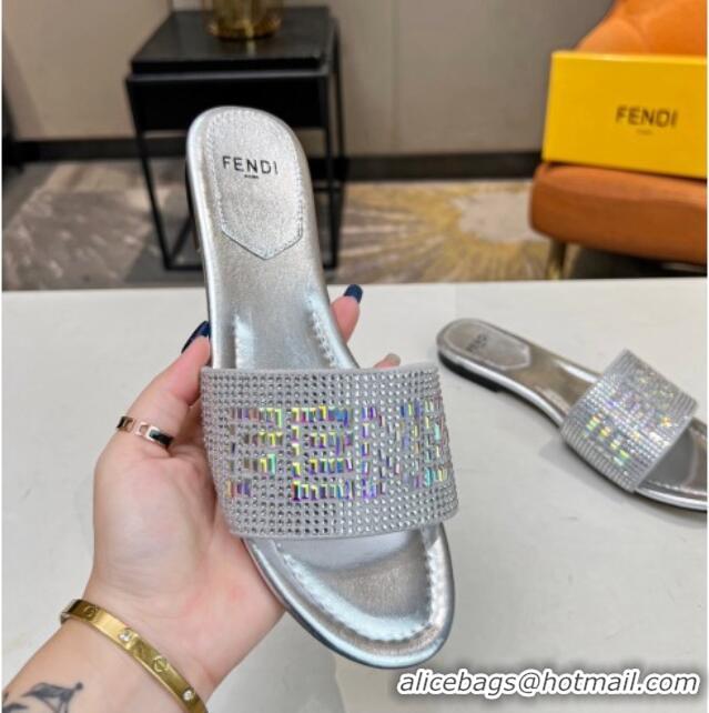 Durable Fendi Signature Flat Slide Sandals with Crystals Silver 215075