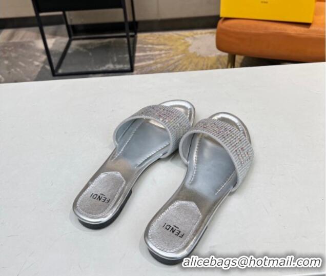 Durable Fendi Signature Flat Slide Sandals with Crystals Silver 215075