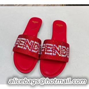 Best Grade Fendi Signature Flat Slide Sandals with Crystals Red 215076