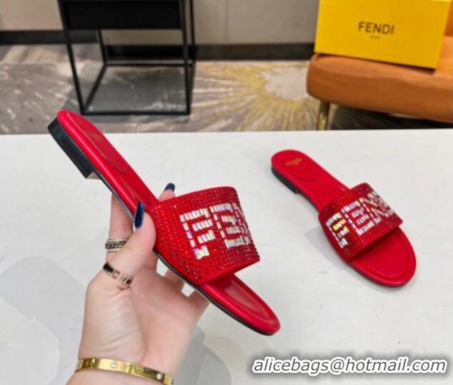 Best Grade Fendi Signature Flat Slide Sandals with Crystals Red 215076