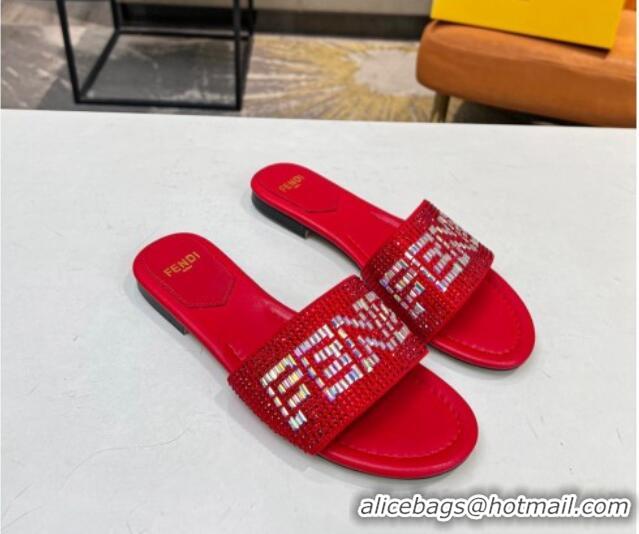 Best Grade Fendi Signature Flat Slide Sandals with Crystals Red 215076