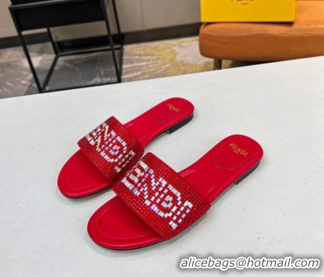 Best Grade Fendi Signature Flat Slide Sandals with Crystals Red 215076