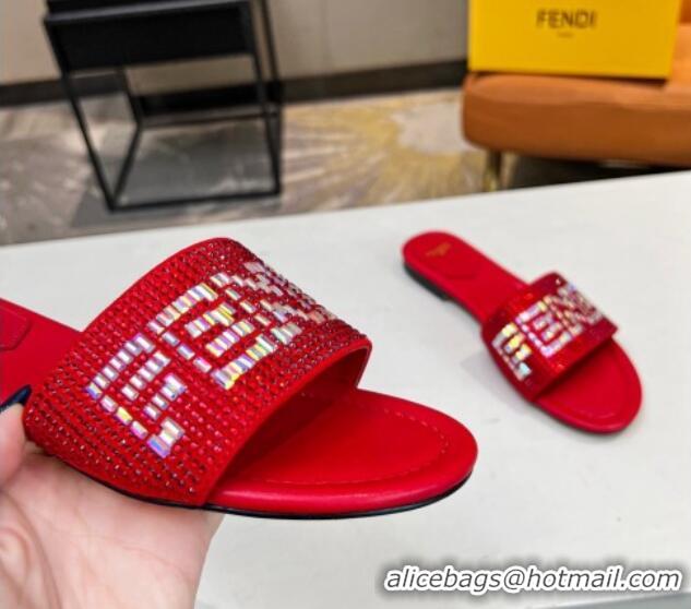 Best Grade Fendi Signature Flat Slide Sandals with Crystals Red 215076