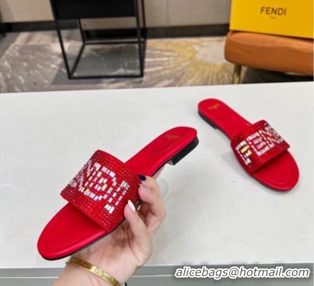 Best Grade Fendi Signature Flat Slide Sandals with Crystals Red 215076