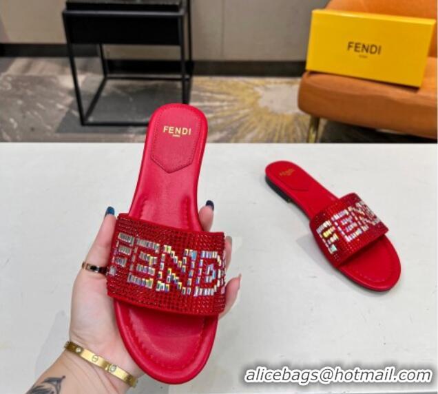 Best Grade Fendi Signature Flat Slide Sandals with Crystals Red 215076