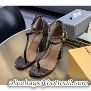 Most Popular Fendi High Heel Sandals 9cm in Crocodile Embossed Leather Brown 215078