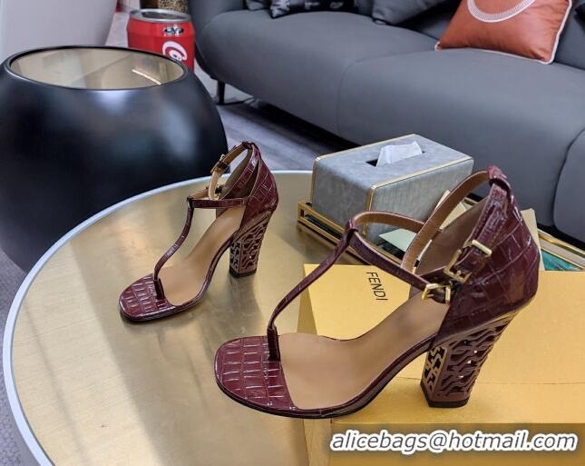 Lowest Cost Fendi High Heel Sandals 9cm in Crocodile Embossed Leather Burgundy 215079