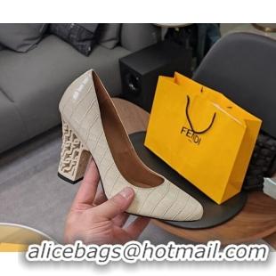 Unique Style Fendi High Heel Pumps 9cm in Crocodile Embossed Leather White 215082