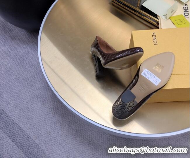 Shop Duplicate Fendi High Heel Pumps 9cm in Crocodile Embossed Leather Brown 215083