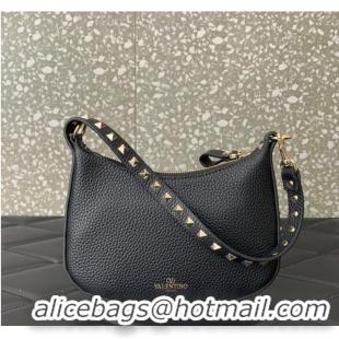 Trendy Design VALENTINO Rockstud calfskin small HOBO bag AG098 Black